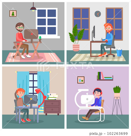People working on laptops at home due to quarantine. Home office concept. Flat vector image 102263699