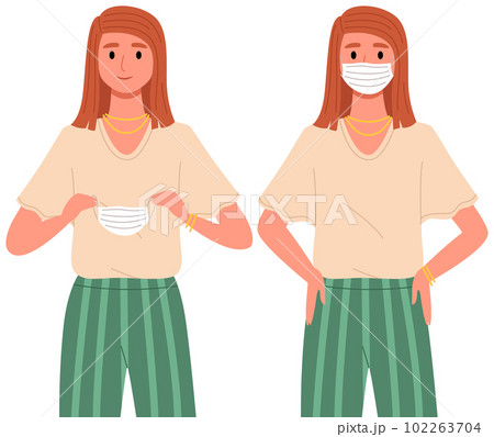 Female character is putting on a mask. Coronavirus, quarantine, self-isolation, pandemic, virus 102263704