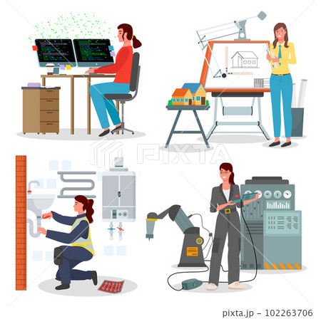 Modern woman in the male profession, factory engineer, architect, programmer and plumber 102263706