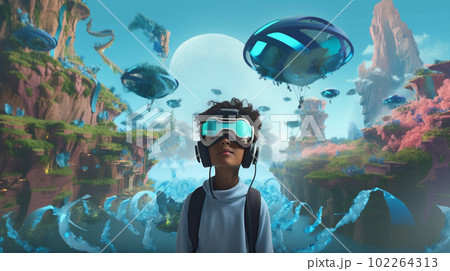 A Kid with VR glasses in some fantastic imaginative gaming world. Ai generated. 102264313