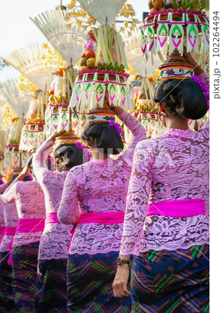 Procession of beautiful Balinese women in traditional costumes 102264494