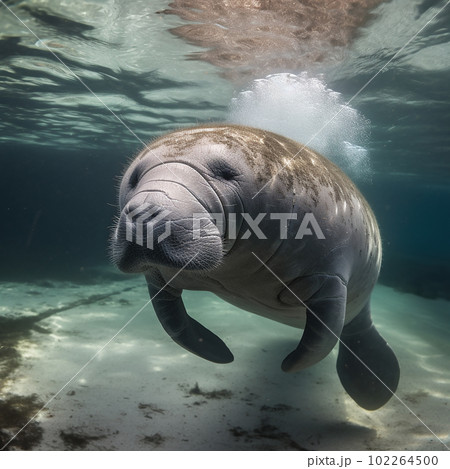 Manatee underwater shooting. Sea cow, large marine animal, mammal. Close-up, ai generative 102264500