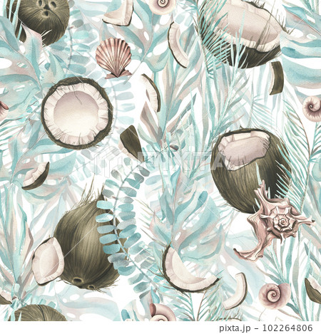 Tropical turquoise leaves with different shapes and pieces of coconut. Watercolor illustration. Seamless pattern from the COCONUT collection. For fabric, textiles, wallpaper, packaging, menus recipes. Tropical turquoise leaves with different shapes and pieces of coconut. Watercolor illustration. Seamless pattern from the COCONUT collection. For fabric, textiles, wallpaper, packaging, menus recipes. 102264806