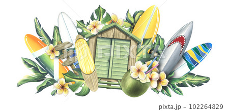 Wooden beach cabin with surfboard, tropical monstera leaves, frangipani flowers, road sign and cocktail in coconut. Watercolor illustration, hand drawn. Isolated composition on a white background 102264829