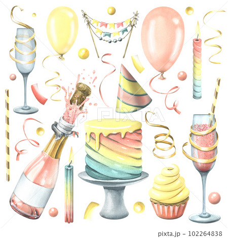 Festive set for a birthday or holiday with a cake, gifts, candles, champagne in bottles and glasses, balloons. Watercolor illustration hand drawn. Isolated objects on a white background Festive set for a birthday or holiday with a cake, gifts, candles, champagne in bottles and glasses, balloons. Watercolor illustration hand drawn. Isolated objects on a white background 102264838