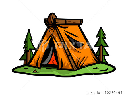 Camping tent emblem with pine trees. Camping sign with tent in the forest. 102264934