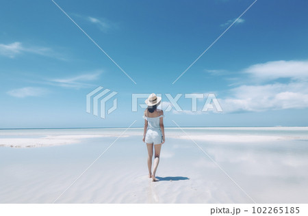 Beautiful woman in white dress and hat walking on the beautiful tropical beach and sea with blue sky background. Summer vacation concept Beautiful woman in white dress and hat walking on the beautiful tropical beach and sea with blue sky background. Summer vacation concept 102265185
