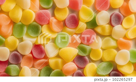 Sweet Sour Candy Photorealistic Horizontal Background. Sweet Dessert From Confectionery. Ai Generated Hyperrealistic Background with Delicious Flavory Sour Candy. 102265297