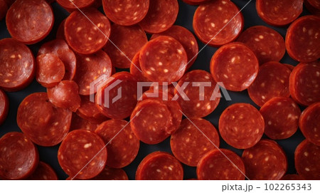 Delicious Pepperoni Meat Product Photorealistic Horizontal Background. Savory Food, Gourmet Appetizer. Ai Generated Hyperrealistic Background with Delicious Deli Pepperoni Meat Product. 102265343