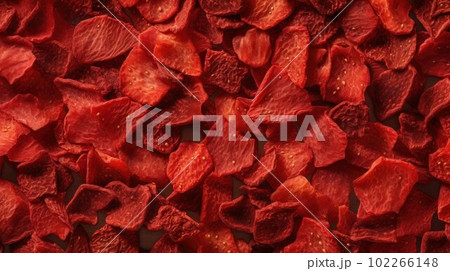 Organic Dried Strawberries Berry Photorealistic Horizontal Background. Healthy Vegetarian Energy Snack. Ai Generated Hyperrealistic Background with Delicious Chewy Dried Strawberries Berry. 102266148