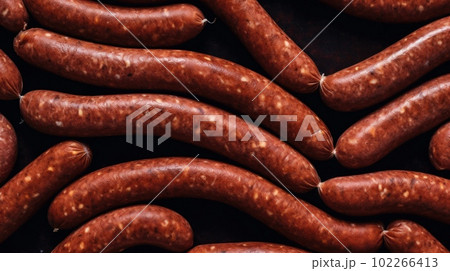 Delicious Andouille Sausage Meat Product Photorealistic Horizontal Background. Savory Food, Gourmet Appetizer. Ai Generated Hyperrealistic Background with Delicious Deli Andouille Sausage Meat Product 102266413
