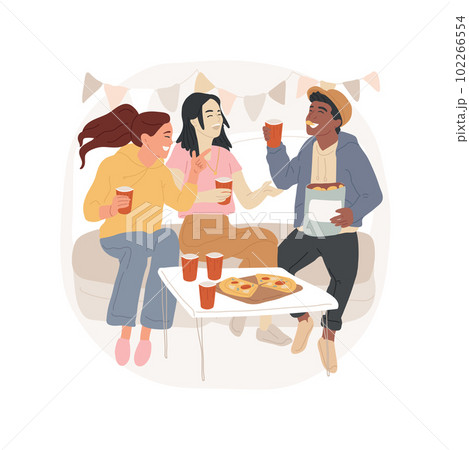 Home party isolated cartoon vector illustration. Friends having fun at home, birthday party, young people sitting around coffee table, holding plastic glasses, laughing together vector cartoon. Home party isolated cartoon vector illustration. Friends having fun at home, birthday party, young people sitting around coffee table, holding plastic glasses, laughing together vector cartoon. 102266554