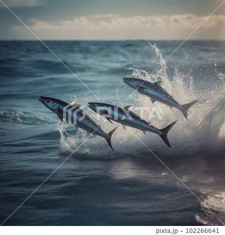 A flock of fish jumps out of the water over the surface of the sea, flying fish, close-up, beautiful seascape A flock of fish jumps out of the water over the surface of the sea, flying fish, close-up, beautiful seascape 102266641