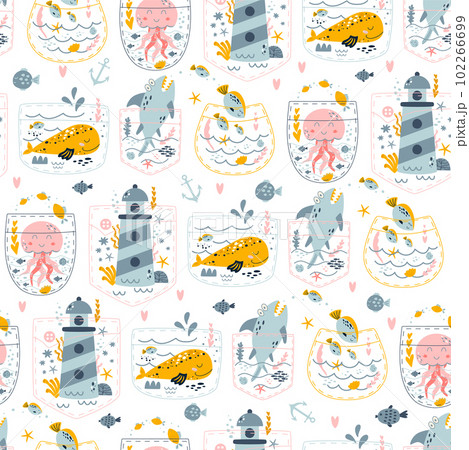 Marine life seamless pattern with shark, fish, while, jellyfish, lighthouse into the pockets. Funny underwater life repeat background in vector. 102266699