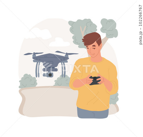 Drone videography isolated cartoon vector illustration. Young boy working with drone and using remote controller, learning new skills, leisure time outdoor, filming creation vector cartoon. 102266767