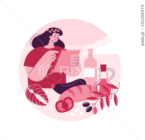 Mediterranean diet abstract concept vector illustration. Healthy diet program, mediterranean menu, nutrition plan, home cooking, organic food, fresh ingredient, shopping list abstract metaphor. 102266874