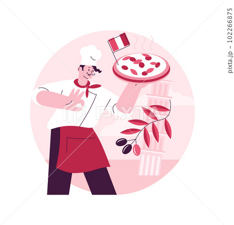Italian cuisine abstract concept vector illustration. Mediterranean cuisine, italian restaurant, pizzeria menu, italy food, dine-in restaurant, takeout meal, spaghetti recipe abstract metaphor. 102266875