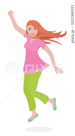 Jumping red-haired young woman with a sympathetic friendly smile - wearing a pink top, green leggings, turquoise ballet flats - pretty, cheerful, slim, fashionable, confident girl. Vector illustration 102266931