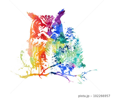 colorful graphic portrait of an owl in the forest. Abstraction trees and owl. Print for t-shirt or tattoo, graffiti style. Vector illustration 102266957