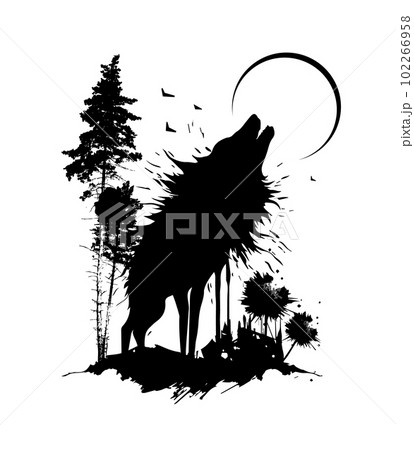 The wolf howls at the moon graphics. Tattoo, t-shirt print. Vector illustration 102266958