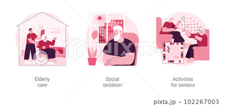 Older generation lifestyle abstract concept vector illustration set. Elderly care, social isolation, activities for seniors, home nursing medical care, retiree companion, assistance abstract metaphor. 102267003