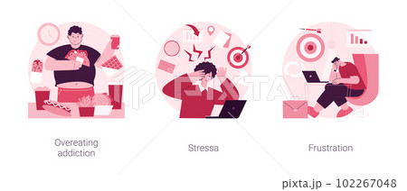 Mental problem abstract concept vector illustration set. Overeating addiction, stress and frustration, addictive food-related behavior, overworking, psychologist session, anxiety abstract metaphor. Mental problem abstract concept vector illustration set. Overeating addiction, stress and frustration, addictive food-related behavior, overworking, psychologist session, anxiety abstract metaphor. 102267048