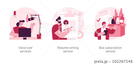 Online based jobs abstract concept vector illustration set. Voice over services, resume writing, box subscription, audio and video production, CV online, box delivery startup abstract metaphor. Online based jobs abstract concept vector illustration set. Voice over services, resume writing, box subscription, audio and video production, CV online, box delivery startup abstract metaphor. 102267148