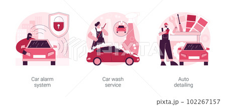Automobile care service abstract concept vector illustration set. Car alarm system, car wash service, auto detailing, anti-theft, automatic wash, full service, vehicle detailing abstract metaphor. 102267157