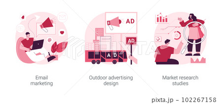 Product marketing campaign abstract concept vector illustration set. Email marketing, outdoor advertising design, market research study, customer need, brand management, focus group abstract metaphor. 102267158