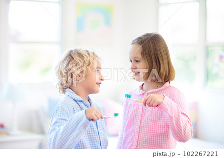 Child brushing teeth. Kids with toothpaste, brush. Child brushing teeth. Kids with toothpaste, brush. 102267221