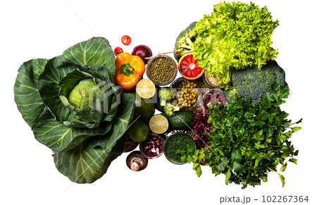 Organic vegetables on isolated white background farming and healthy food copy space flat lay. 102267364
