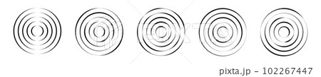 Set of circular ripple icons. Concentric circles with broken polka dot lines isolated on white background. Vortex, sonar wave, soundwave, sunburst, signal symbols 102267447