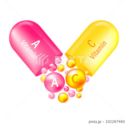 Vitamin complex A and C. Yelllow capsule and pink one with vitamin A and C on white background. Vector illustration. Vitamin complex A and C. Yelllow capsule and pink one with vitamin A and C on white background. Vector illustration. 102267460