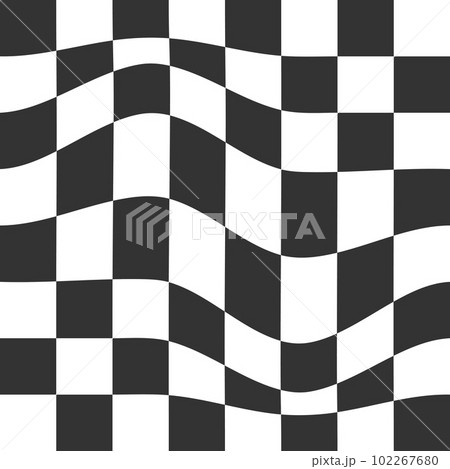 Distorted chess board background. Checkered optical illusion. Psychedelic pattern with warped black and white squares. Race flag texture. Trippy checkerboard surface Distorted chess board background. Checkered optical illusion. Psychedelic pattern with warped black and white squares. Race flag texture. Trippy checkerboard surface 102267680