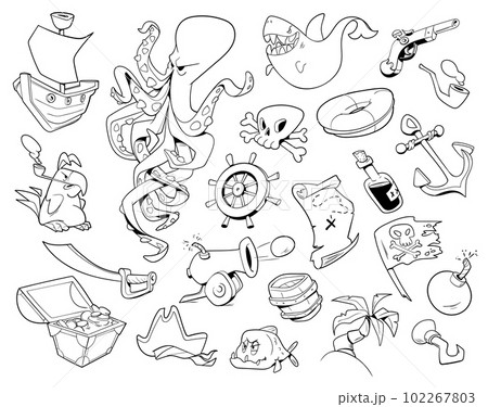 Pirate icon set. Comics style. Black and white image 102267803