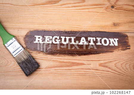 REGULATION Concept. Brown paint and brush on wood texture background REGULATION Concept. Brown paint and brush on wood texture background 102268147