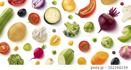 Vegetable assortment, isolated on white background, flat lay, top view. Creative layout. Healthy food pattern Vegetable assortment, isolated on white background, flat lay, top view. Creative layout. Healthy food pattern 102268239
