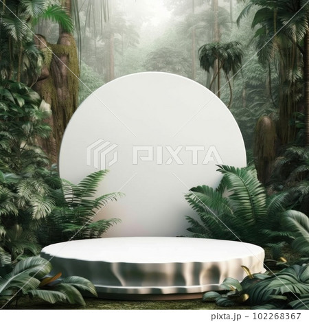 White empty podium in jungle forest. Illustration AI Generative 102268367