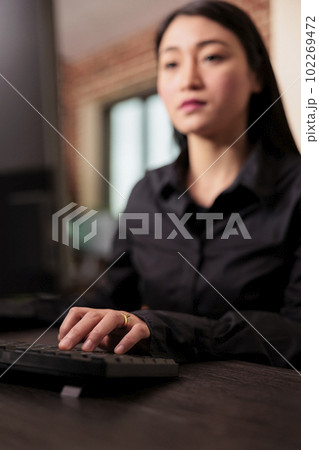 Software developer programming html server code algorithm on computer, sitting at desk in it agency office. Programming engineer working with html database script in cyber security agency. Software developer programming html server code algorithm on computer, sitting at desk in it agency office. Programming engineer working with html database script in cyber security agency. 102269472