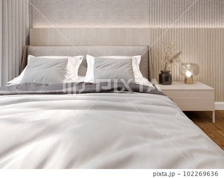 Cozy bedroom interior with bed and pillows, 3d render 102269636
