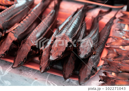 Smoked fish on shelves of Volga region. Russia Smoked fish on shelves of Volga region. Russia 102271043