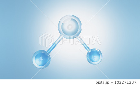Molecular chemical formula H2O. Water molecules blue color. Ball and Stick chemical structure model. can be used in science or Cosmetic industry background. 102271237