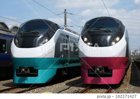 車両基地で並ぶ緑色と紅色のE657系 102271427