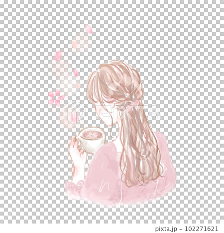 女人喝咖啡/咖啡館/櫻花拿鐵/粉色/柔和背景/後視圖 102271621