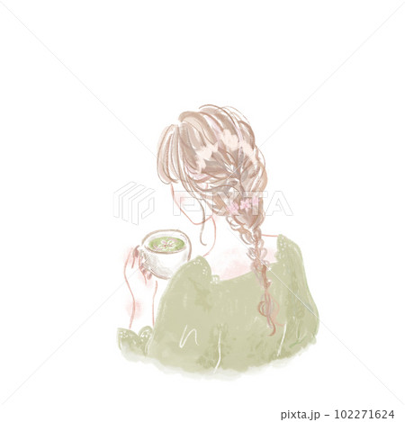 コーヒーを飲む女性/カフェ/桜抹茶ラテ/くすみグリーン/後ろ姿 102271624