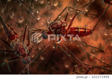 Close-up view of an Aedes mosquitos sucking blood. Insect. Illustration, Generative AI. 102271999