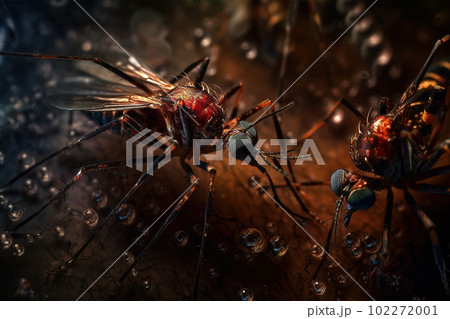 Close-up view of an Aedes mosquitos sucking blood. Insect. Illustration, Generative AI. 102272001