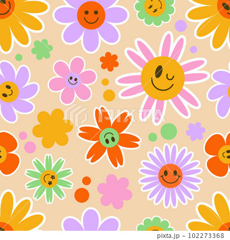 Groovy flower seamless pattern. Y2k floral smile background. Cartoon retro daisy print with funny faces. Vector trendy aesthetic illustration. 102273368