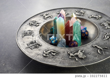 Crystals for healing, fortune telling and astrologhy circle on grey background. Esoteric and life coaching concept. 102273811