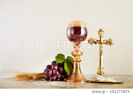 Communion Still life with chalice of wine and bread 102273855